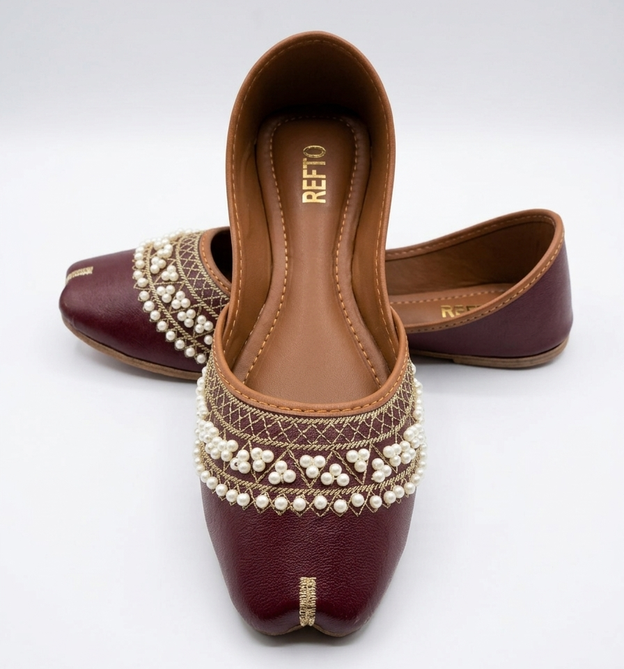 Side view of REFTO maroon khussa comfortable soft inner sole ethnic shoes for women