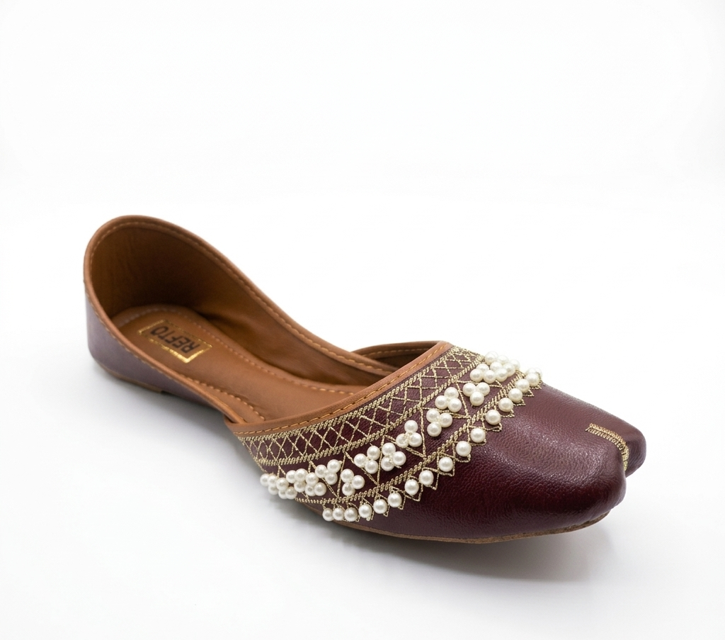 REFTO maroon khussa with pearl work front view traditional women ethnic footwear