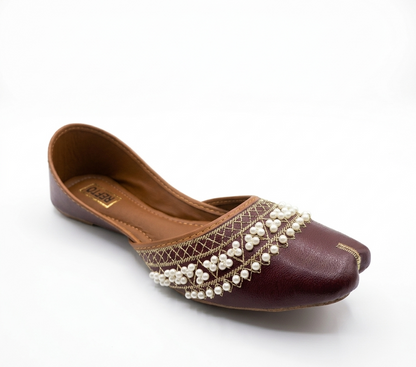 REFTO maroon khussa with pearl work front view traditional women ethnic footwear