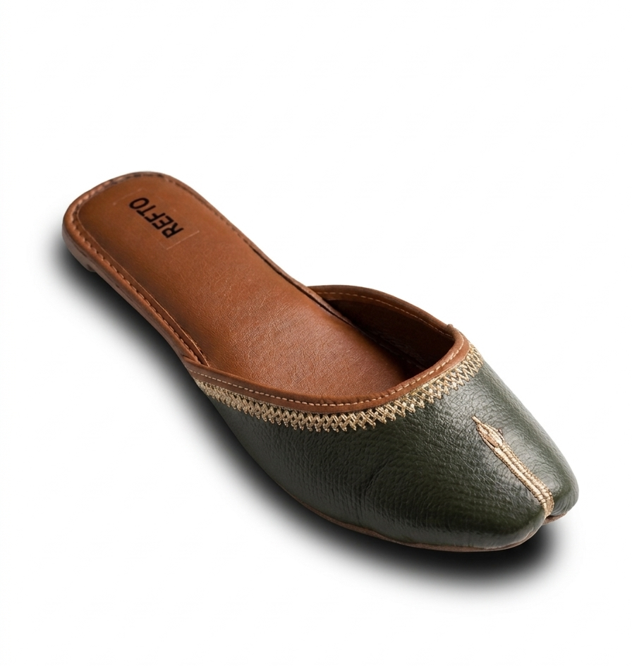REFTO Premium Dark Green Khussa for Women | Elegant Golden Design Traditional Ethnic Shoes