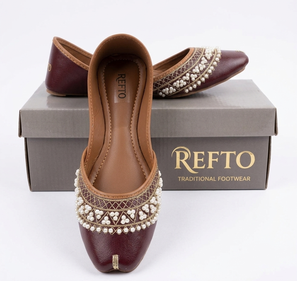 REFTO maroon khussa styled with traditional shalwar kameez outfit for elegant look