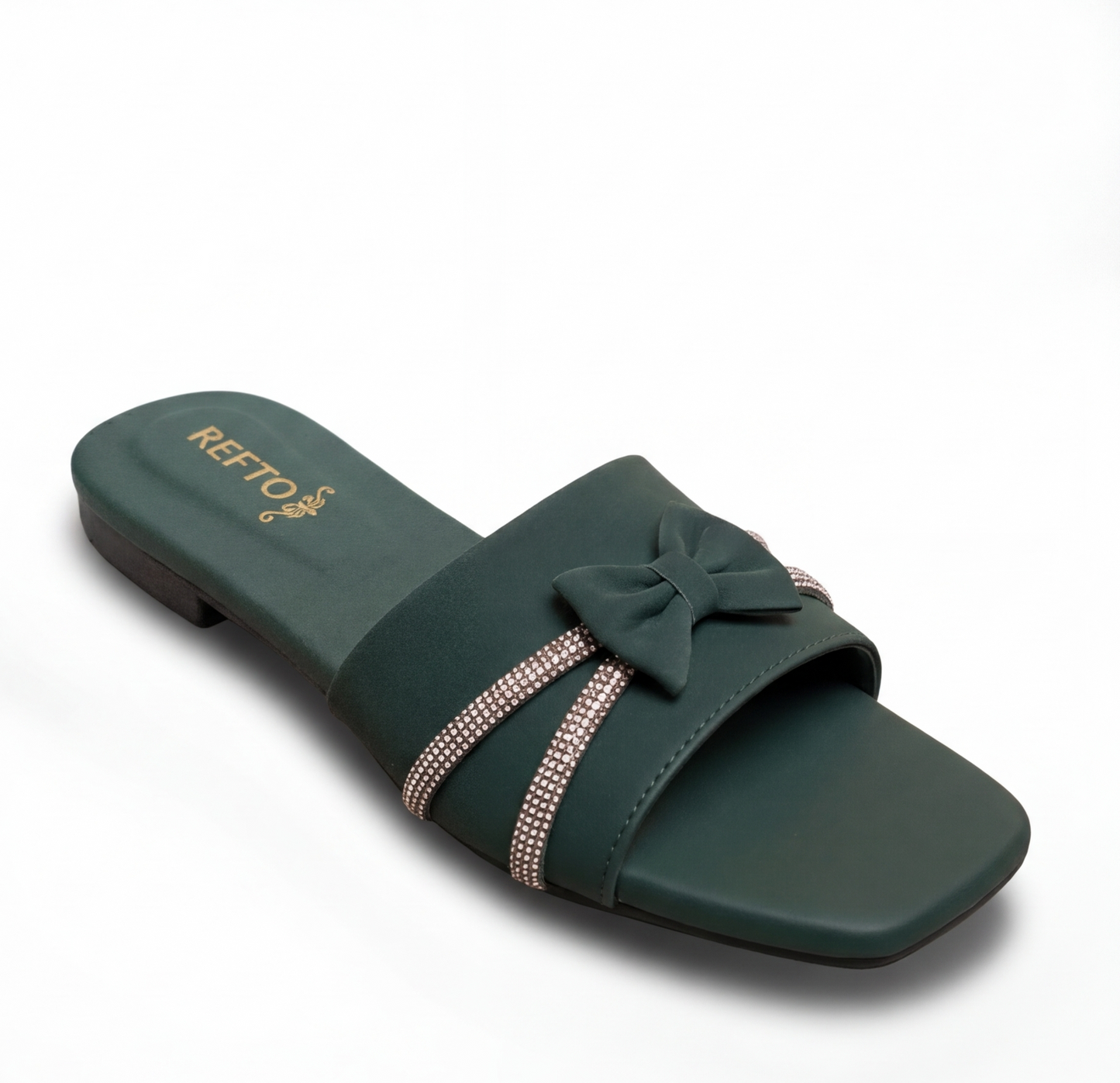 Green bow slide sandal with rhinestone straps for women