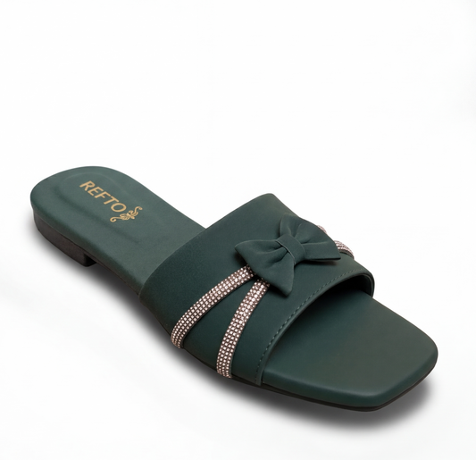 Green bow slide sandal with rhinestone straps for women